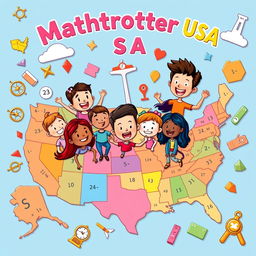 A vibrant and engaging cover illustration for an activity book titled "Mathtrotter USA"