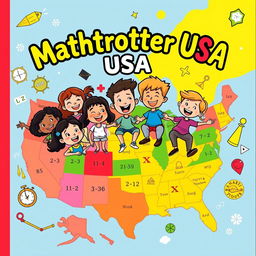 A vibrant and engaging cover illustration for an activity book titled "Mathtrotter USA"