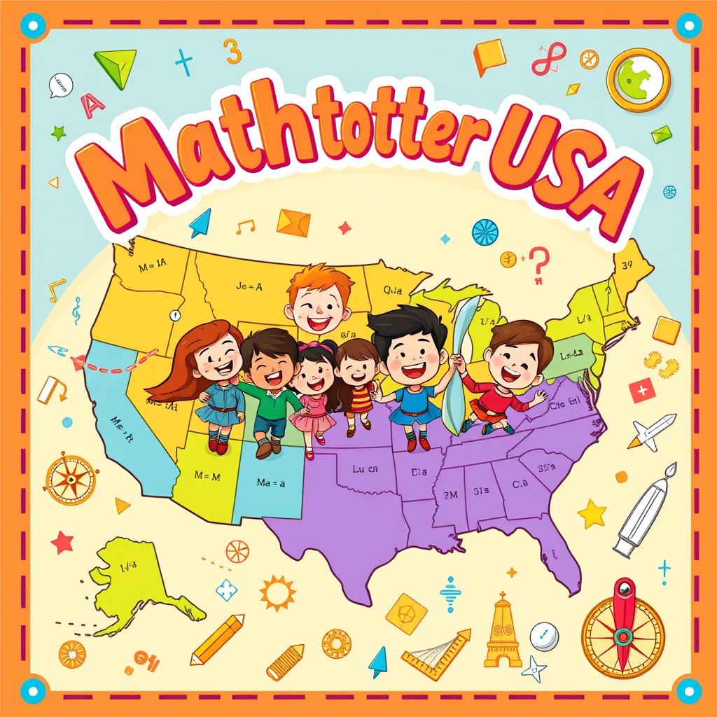 A vibrant and engaging cover illustration for an activity book titled "Mathtrotter USA"