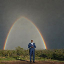 The President of Haiti standing under a dramatic rainbow arc, captured in a 16:9 aspect ratio.
