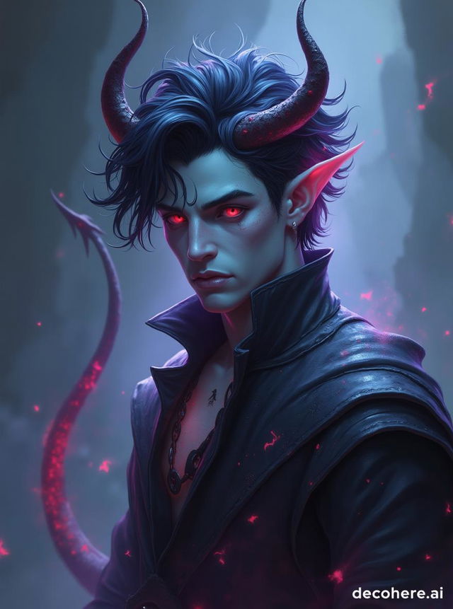 A Dungeons and Dragons style illustration featuring a 30-year-old male Tiefling Warlock