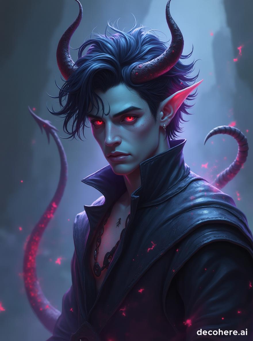 A Dungeons and Dragons style illustration featuring a 30-year-old male Tiefling Warlock