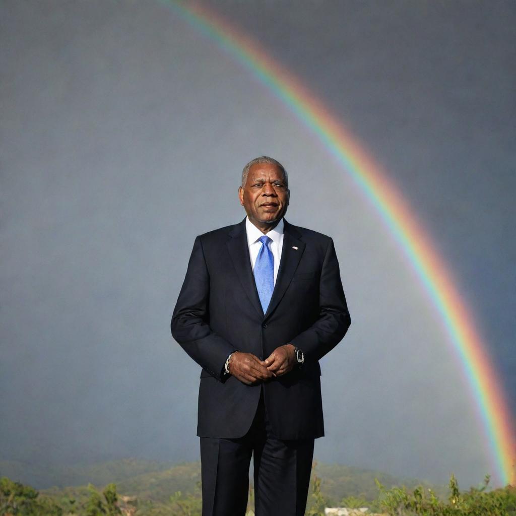 The President of Haiti standing under a dramatic rainbow arc, captured in a 16:9 aspect ratio.