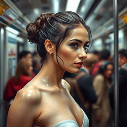 A beautiful Italian woman with a flawless face and captivating body shape standing in a crowded subway