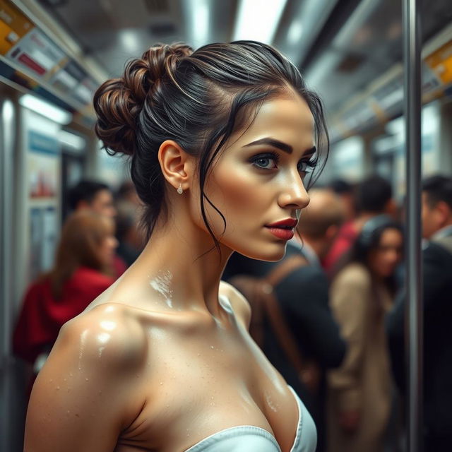 A beautiful Italian woman with a flawless face and captivating body shape standing in a crowded subway