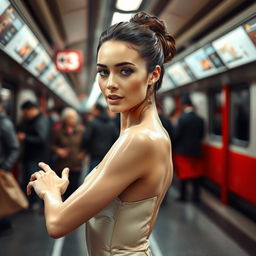 A beautiful Italian woman with a flawless face and captivating body shape standing in a crowded subway