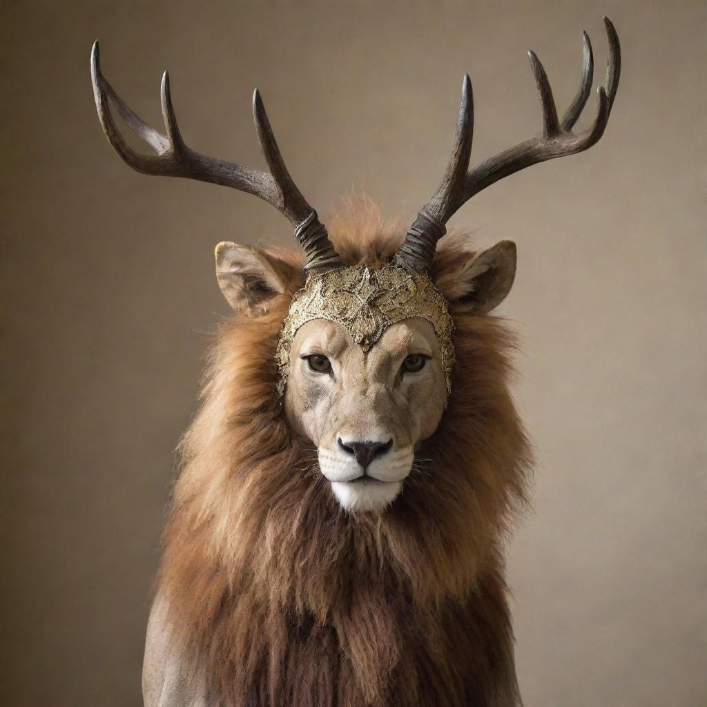 A graceful deer, with its majestic antlers and sleek brown fur, stands attired in an imposing lion mask, creating an ambiance of a menagerie.