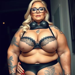 A strikingly voluptuous blonde mature woman exudes opulence and allure, featuring giant fake breasts accentuated by a stylish black bra