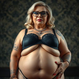 A strikingly voluptuous blonde mature woman exudes opulence and allure, featuring giant fake breasts accentuated by a stylish black bra