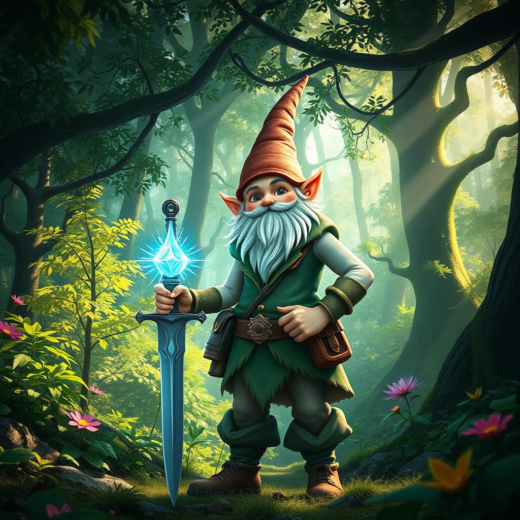 A very tall, handsome teenage male forest gnome standing confidently in a lush, vibrant forest