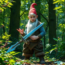 A very tall, handsome teenage male forest gnome standing confidently in a lush, vibrant forest