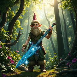 A very tall, handsome teenage male forest gnome standing confidently in a lush, vibrant forest