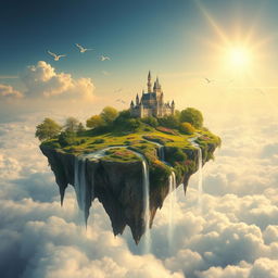 A magnificent flying island drifting through the sky, adorned with lush greenery and cascading waterfalls