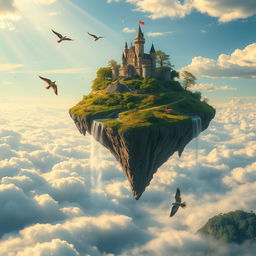 A magnificent flying island drifting through the sky, adorned with lush greenery and cascading waterfalls