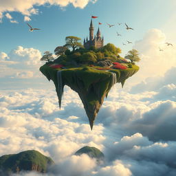 A magnificent flying island drifting through the sky, adorned with lush greenery and cascading waterfalls