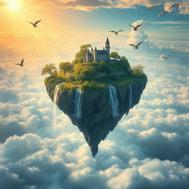 A magnificent flying island drifting through the sky, adorned with lush greenery and cascading waterfalls