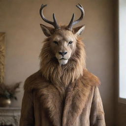 A graceful deer, with its majestic antlers and sleek brown fur, stands attired in an imposing lion mask, creating an ambiance of a menagerie.