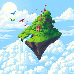 A pixel art scene featuring a flying island suspended in the sky