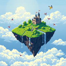 A pixel art scene featuring a flying island suspended in the sky