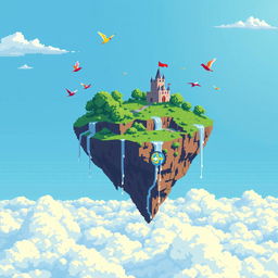 A pixel art scene featuring a flying island suspended in the sky