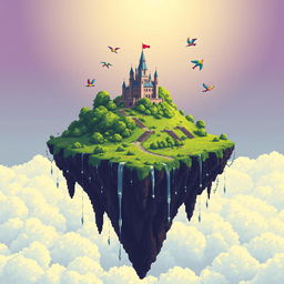 A pixel art scene featuring a flying island suspended in the sky