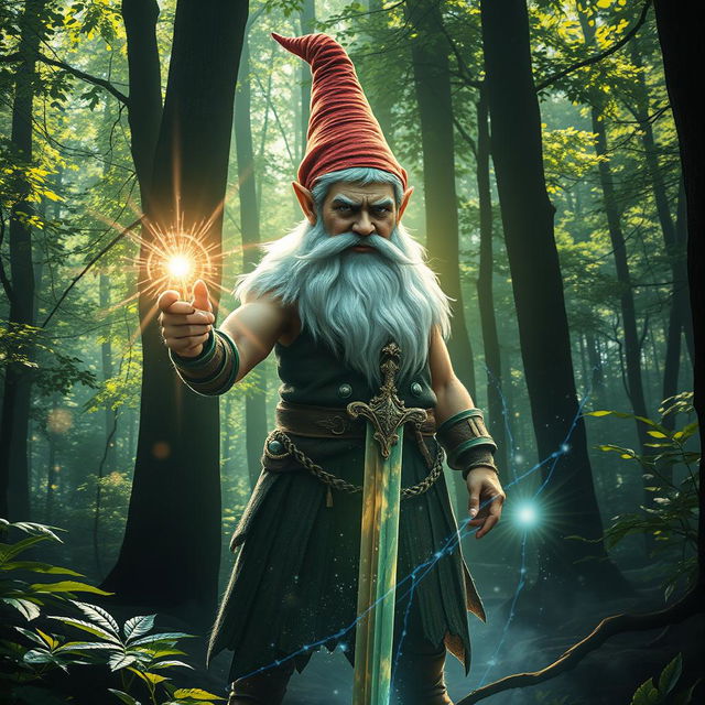 a very tall, handsome male forest gnome holding a sword, surrounded by a shimmering magical aura and vibrant energy field