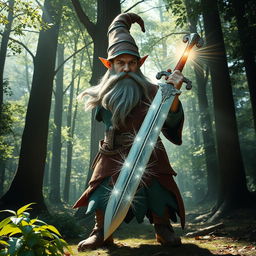 a very tall, handsome male forest gnome holding a sword, surrounded by a shimmering magical aura and vibrant energy field