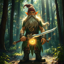 a very tall, handsome male forest gnome holding a sword, surrounded by a shimmering magical aura and vibrant energy field