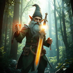 a very tall, handsome male forest gnome holding a sword, surrounded by a shimmering magical aura and vibrant energy field