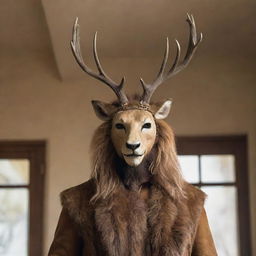 A graceful deer, with its majestic antlers and sleek brown fur, stands attired in an imposing lion mask, creating an ambiance of a menagerie.