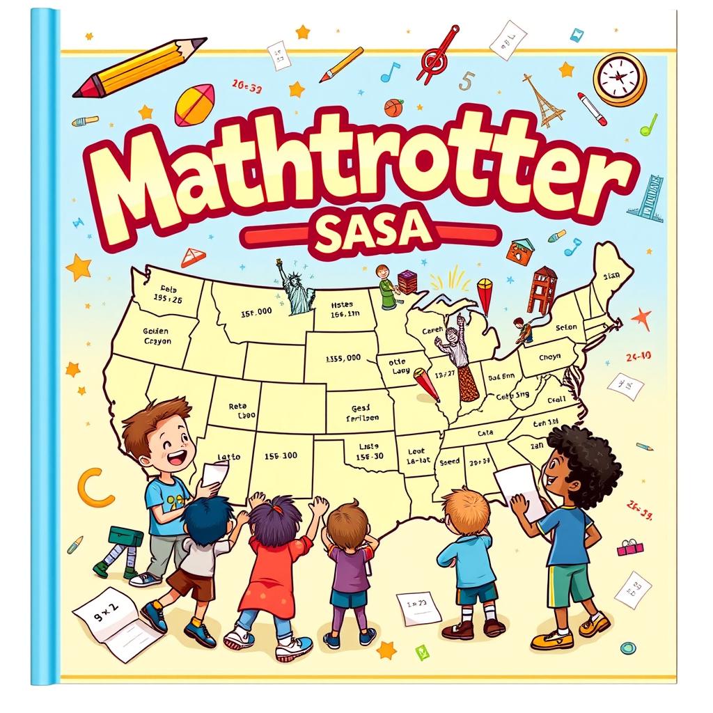 A vibrant and engaging cover for "Mathtrotter USA," an educational activity book for children