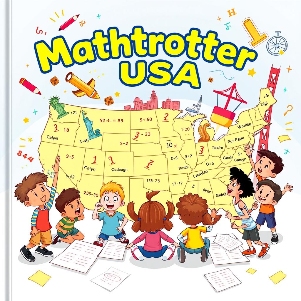 A vibrant and engaging cover for "Mathtrotter USA," an educational activity book for children