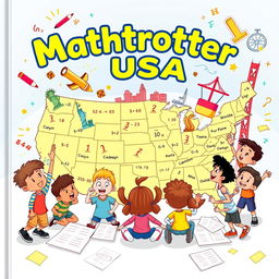 A vibrant and engaging cover for "Mathtrotter USA," an educational activity book for children