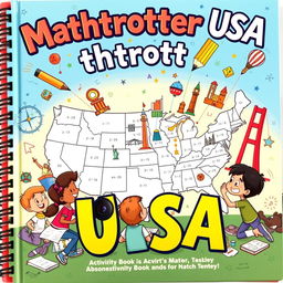 A vibrant and engaging cover for "Mathtrotter USA," an educational activity book for children