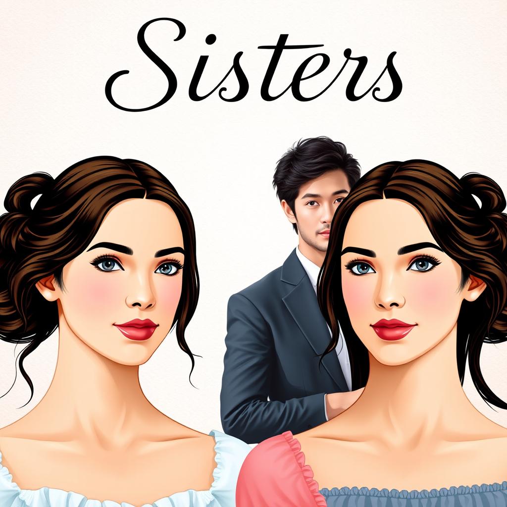 Cover design for a romantic novel titled "Sisters", depicting two twin sisters who look very similar but have slightly different facial expressions