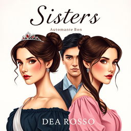 Cover design for a romantic novel titled "Sisters", depicting two twin sisters who look very similar but have slightly different facial expressions