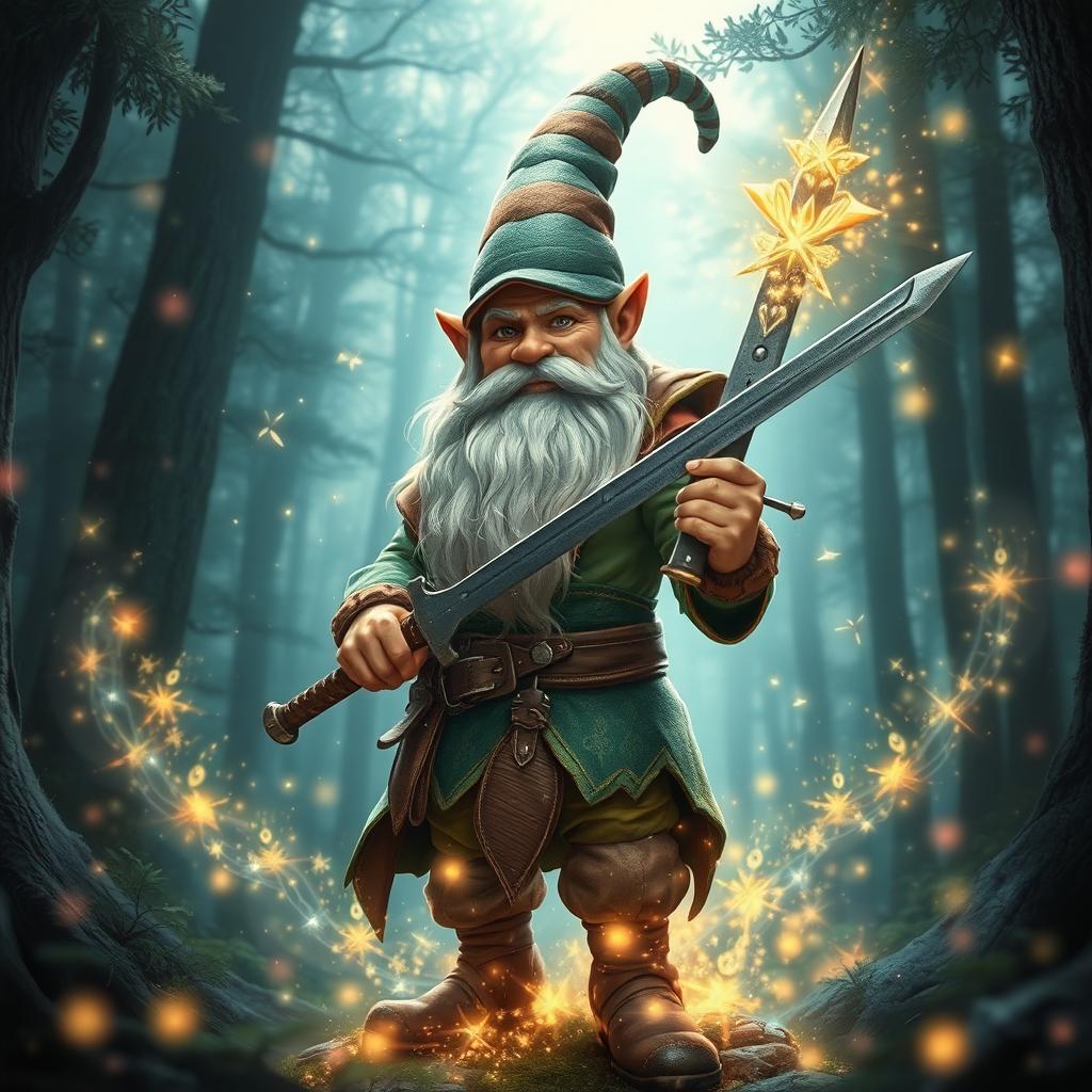 a very tall, handsome male forest gnome holding a sword, enveloped by a magnificent magic field and an ethereal fairy aura