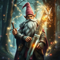 a very tall, handsome male forest gnome holding a sword, enveloped by a magnificent magic field and an ethereal fairy aura