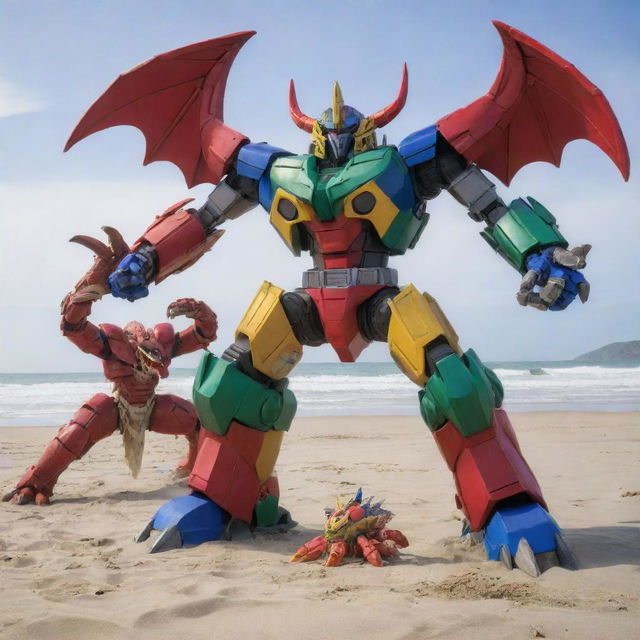 A dynamic scene of a colorful Megazord, composed of a red dragon, blue mammoth, and green phoenix, locked in battle with a towering giant crab on a beach. Focus on the interacting pincer and Mech arm, the anticipation reflected in their confrontational gaze.