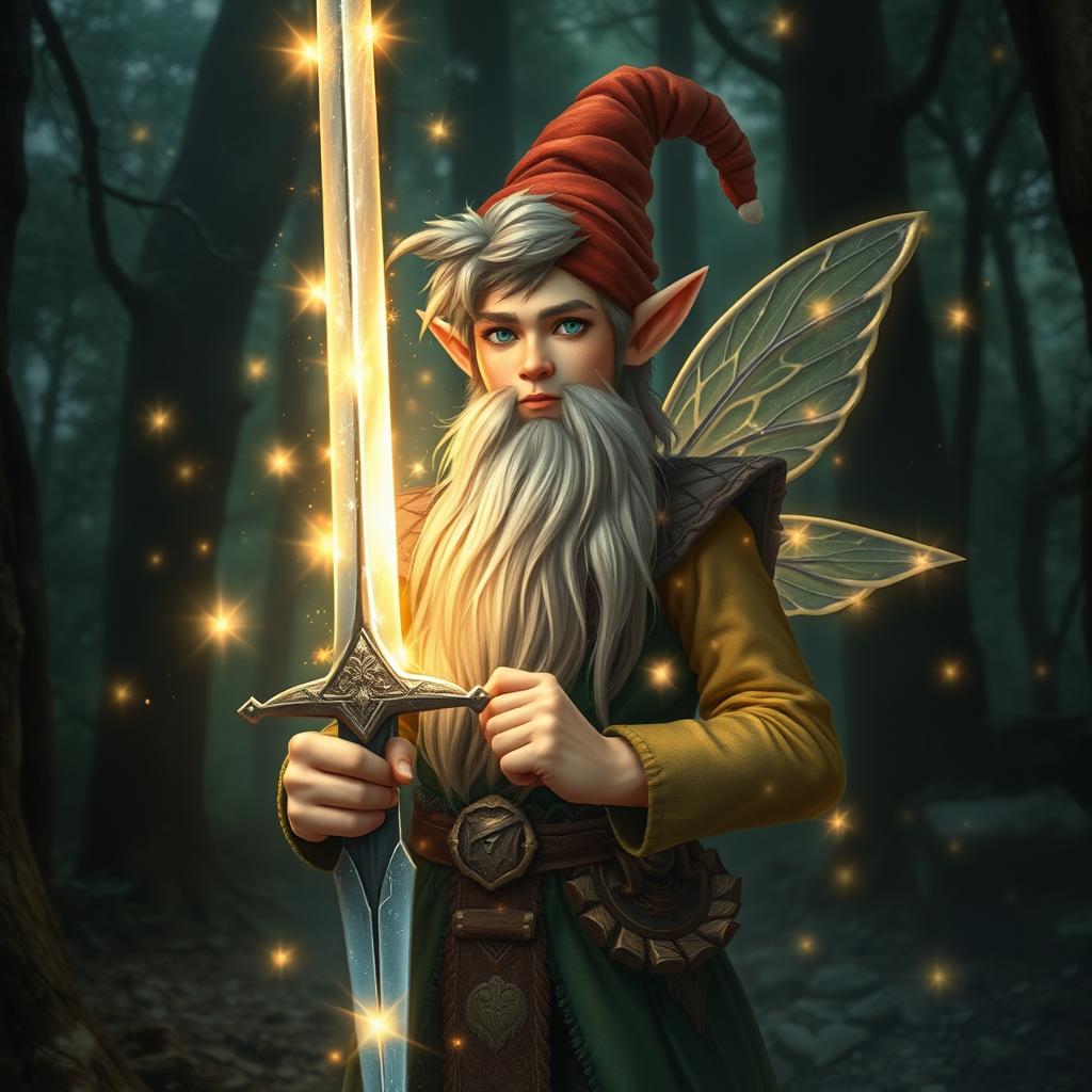 a very tall, handsome male teenage forest gnome holding a sword, enveloped by a powerful magic field and surrounded by a radiant fairy aura