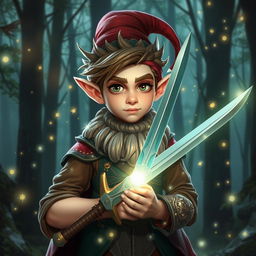 a very tall, handsome male teenage forest gnome holding a sword, enveloped by a powerful magic field and surrounded by a radiant fairy aura