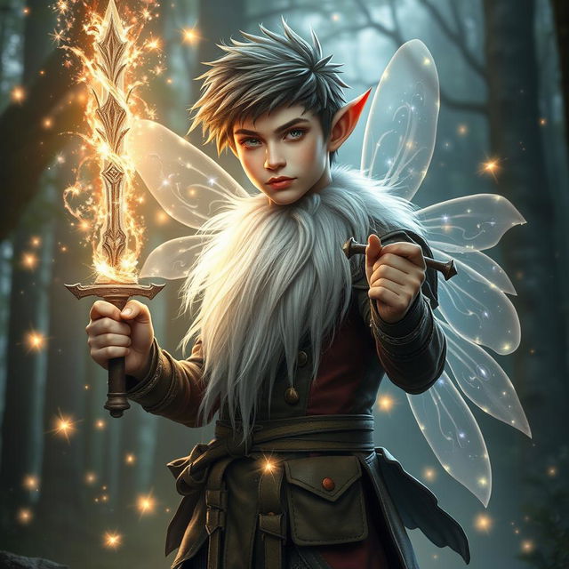 a very tall, handsome male teenage forest gnome holding a sword, enveloped by a powerful magic field and surrounded by a radiant fairy aura