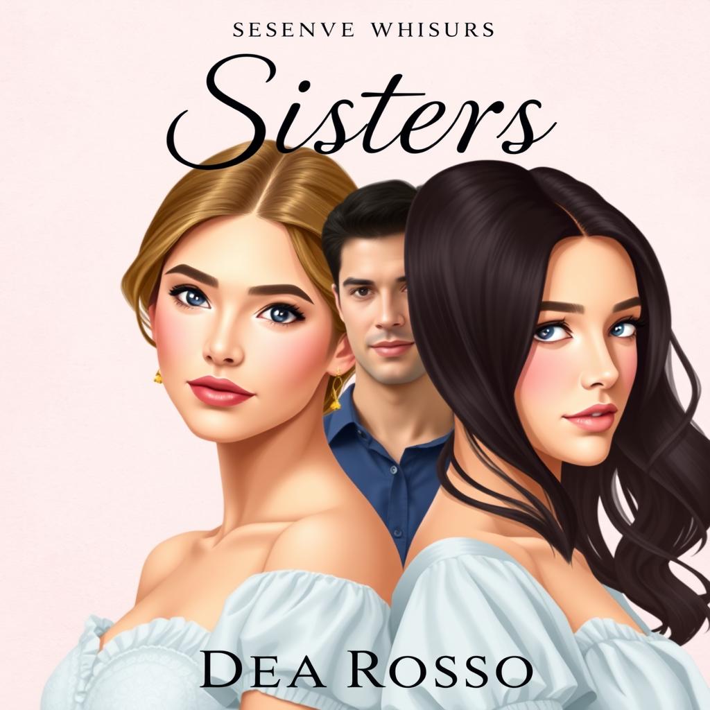 Cover design for a romantic novel titled "Sisters", depicting two twin sisters who look very similar but have slightly different facial expressions