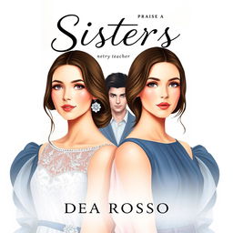 Cover design for a romantic novel titled "Sisters", depicting two twin sisters who look very similar but have slightly different facial expressions