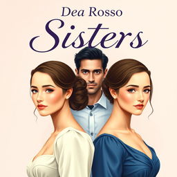 Cover design for a romantic novel titled "Sisters", depicting two twin sisters who look very similar but have slightly different facial expressions