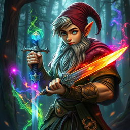 a very tall, handsome male teenage forest gnome holding a sword, encompassed by a vibrant magic field and pulsating spell aura