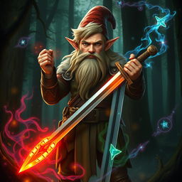 a very tall, handsome male teenage forest gnome holding a sword, encompassed by a vibrant magic field and pulsating spell aura