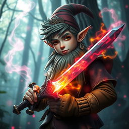 a very tall, handsome male teenage forest gnome holding a sword, encompassed by a vibrant magic field and pulsating spell aura