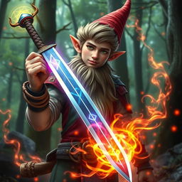 a very tall, handsome male teenage forest gnome holding a sword, encompassed by a vibrant magic field and pulsating spell aura