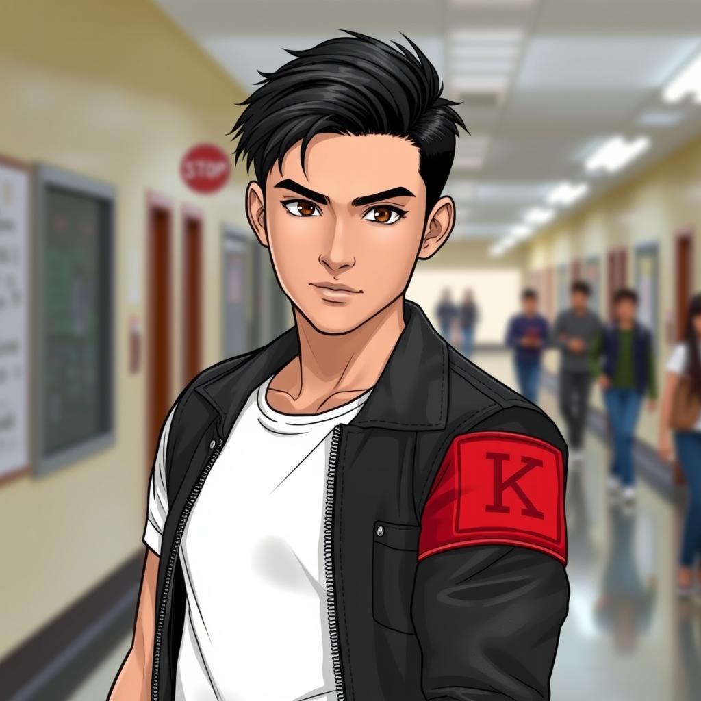 A confident young man named Kai wearing a red armband on his left arm, symbolizing his middle-class status and dominance